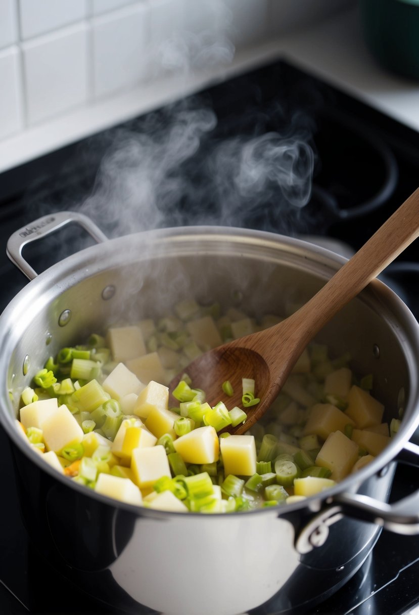 A pot simmering on a stove, filled with diced leeks and potatoes, steam rising as a wooden spoon stirs the ingredients