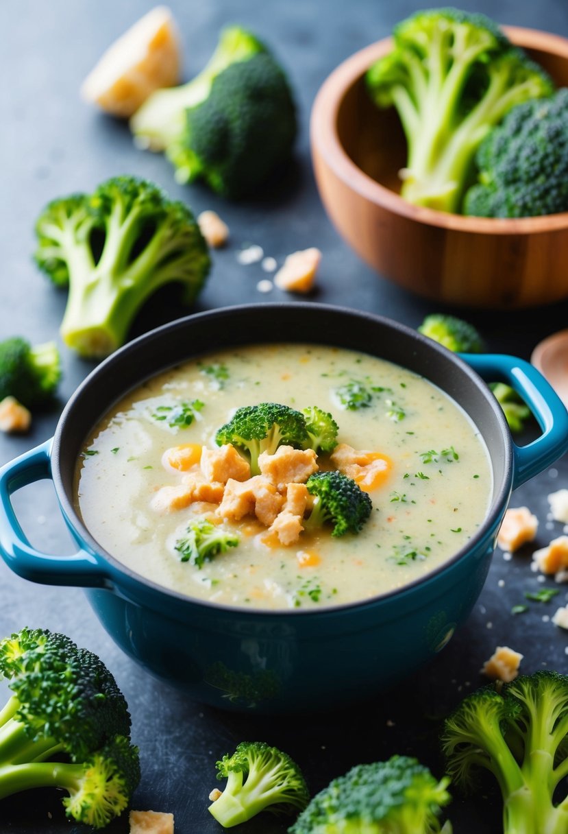 A pot of simmering Broccoli and Stilton Soup surrounded by fresh broccoli florets and crumbled Stilton cheese