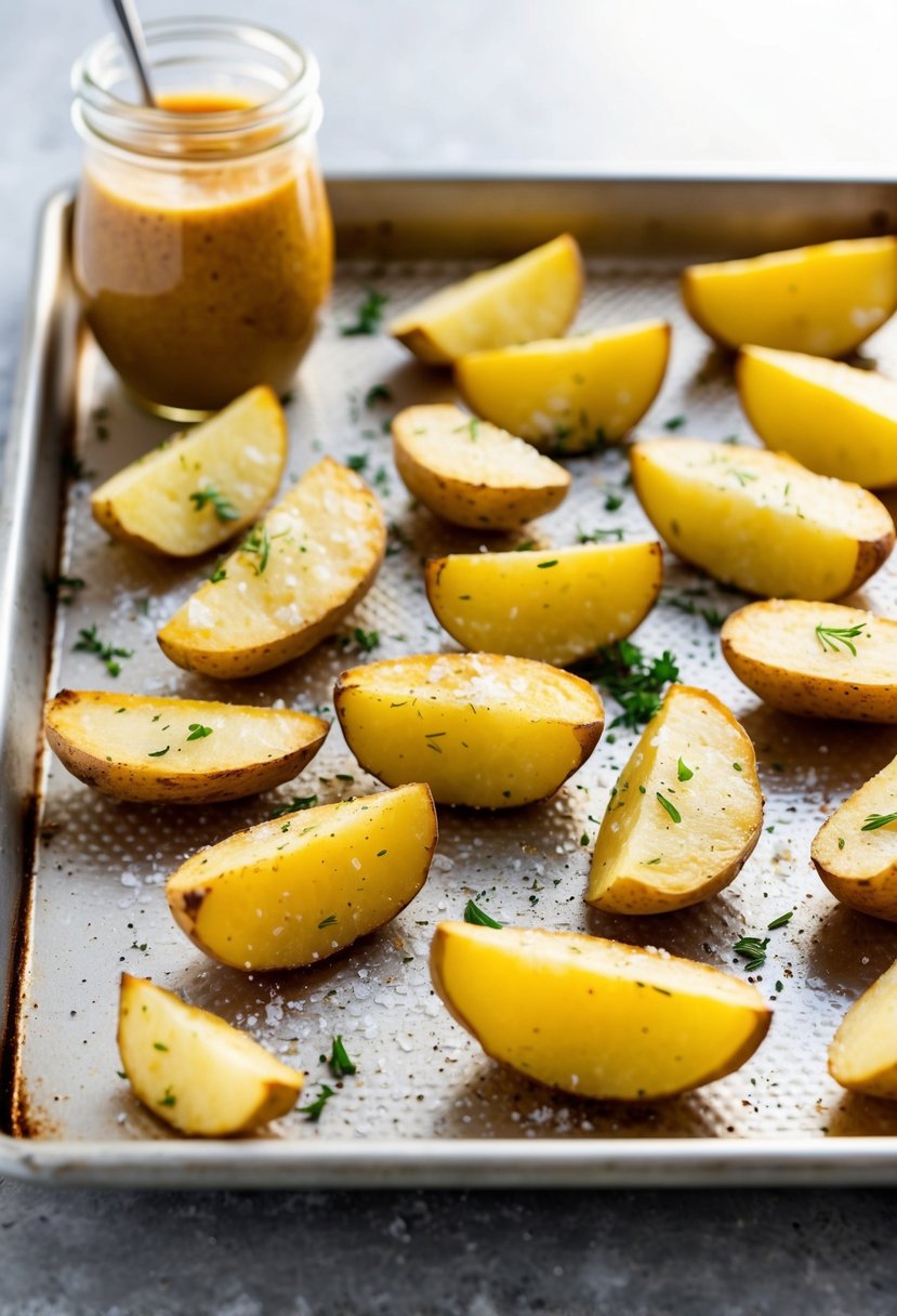 Golden potato wedges on a baking sheet with a sprinkle of salt and herbs, next to a jar of dipping sauce