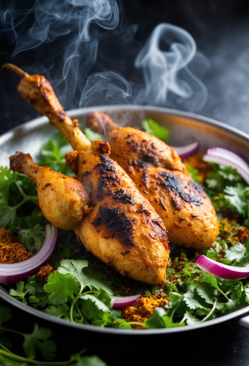 A sizzling tandoori chicken on a bed of vibrant green cilantro and red onion, surrounded by aromatic spices and a hint of smoke