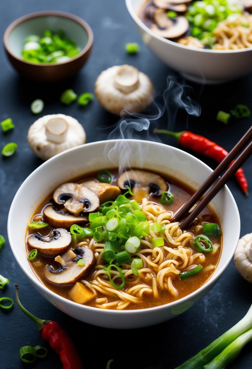 A steaming bowl of spicy oyster mushroom ramen surrounded by fresh mushrooms, chili peppers, and green onions