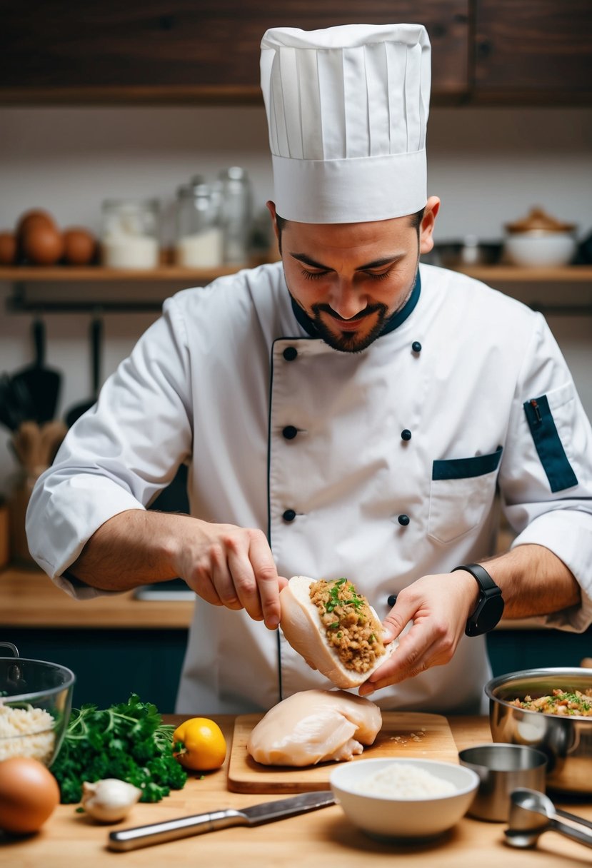 A chef stuffing chicken breasts with savory filling, surrounded by ingredients and cooking utensils on a kitchen counter