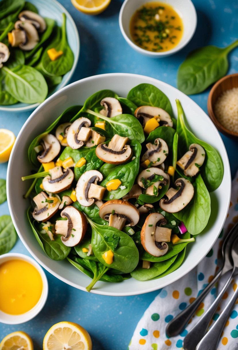 A vibrant salad bowl filled with fresh oyster mushrooms and spinach leaves, surrounded by colorful ingredients and a drizzle of vinaigrette