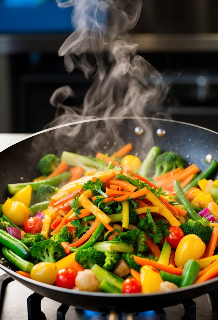 A colorful array of fresh vegetables, sizzling in a hot wok, steam rising as they are tossed with flavorful sauces