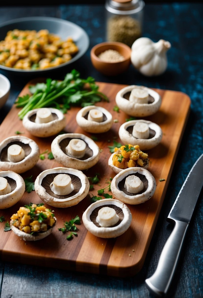 A cutting board with fresh oyster mushroom caps, a knife, and various ingredients for stuffing