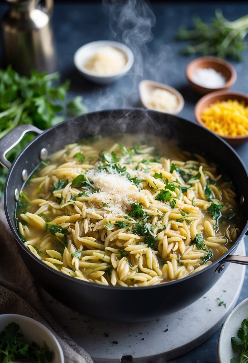 A steaming pot of orzo simmering in flavorful broth, surrounded by fresh herbs, vegetables, and a sprinkle of parmesan cheese