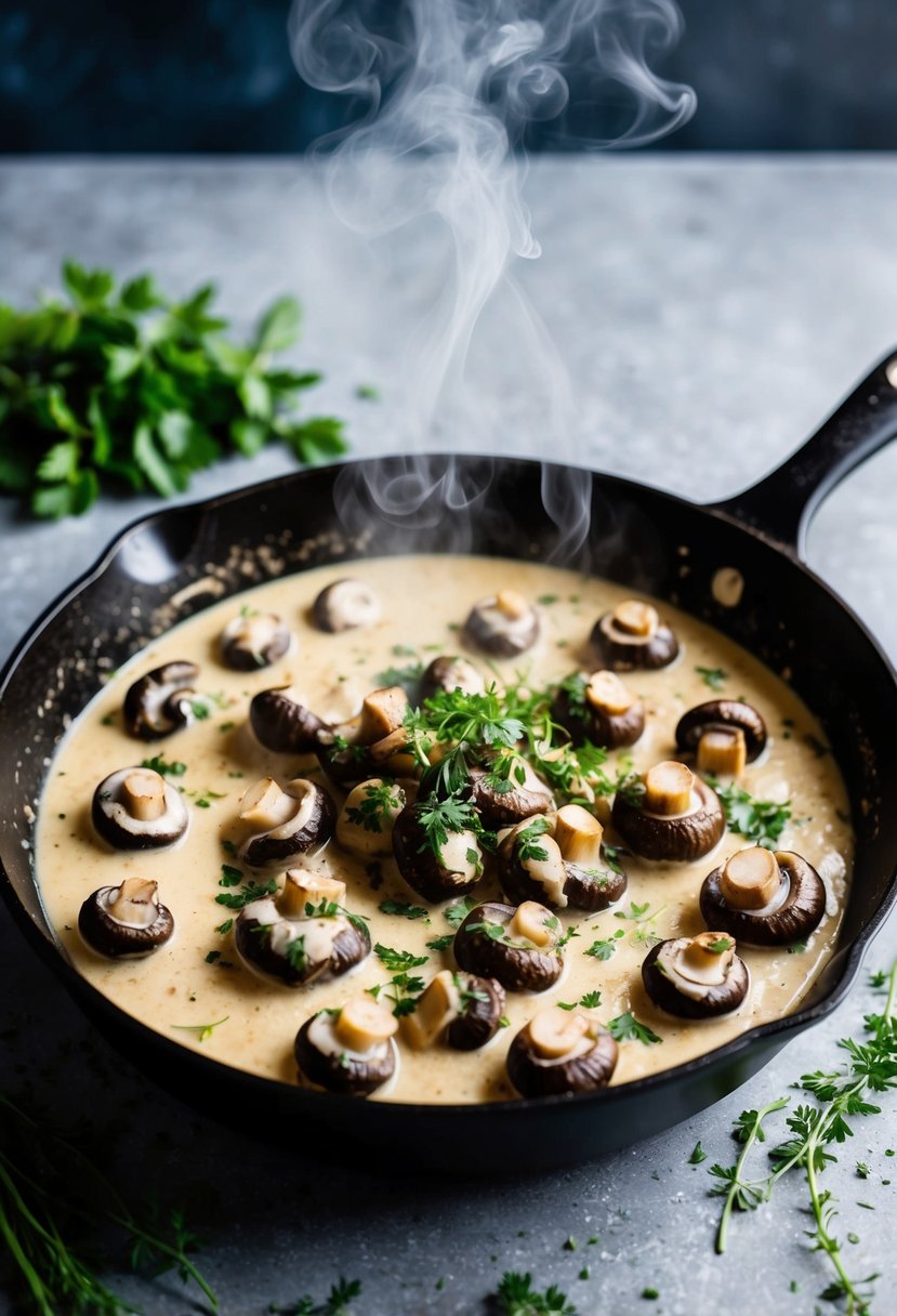 A skillet filled with oyster mushrooms simmering in a creamy sauce, with steam rising and a sprinkle of fresh herbs on top