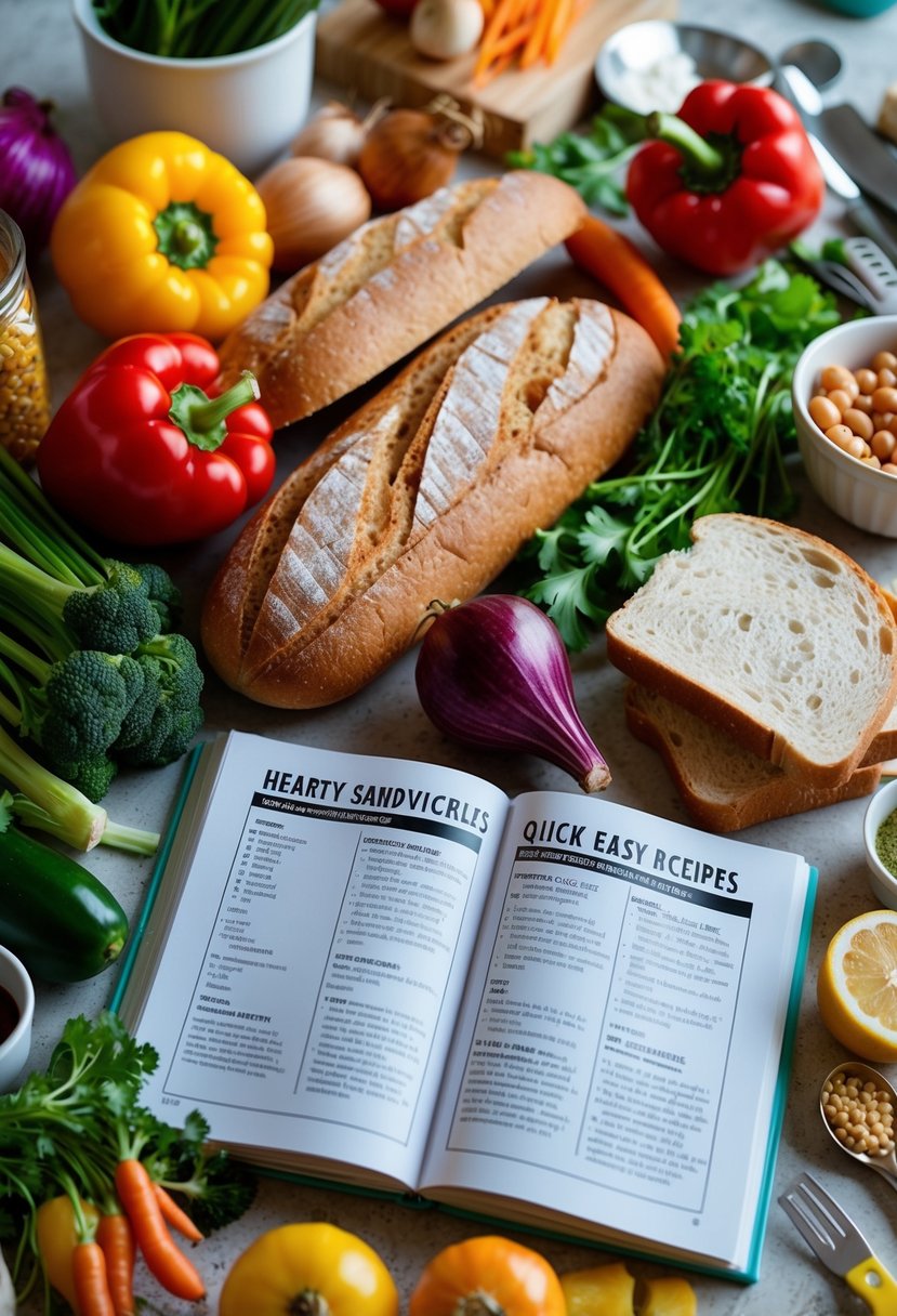 A colorful array of fresh ingredients and bread, surrounded by kitchen utensils and a recipe book open to a page on "Hearty Sandwiches quick easy recipes."