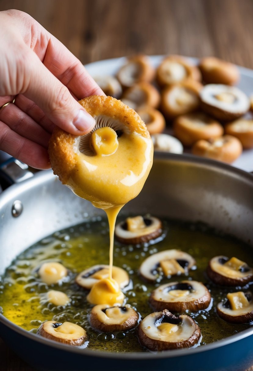 Oyster mushrooms being dipped in batter, then fried in sizzling oil until golden brown