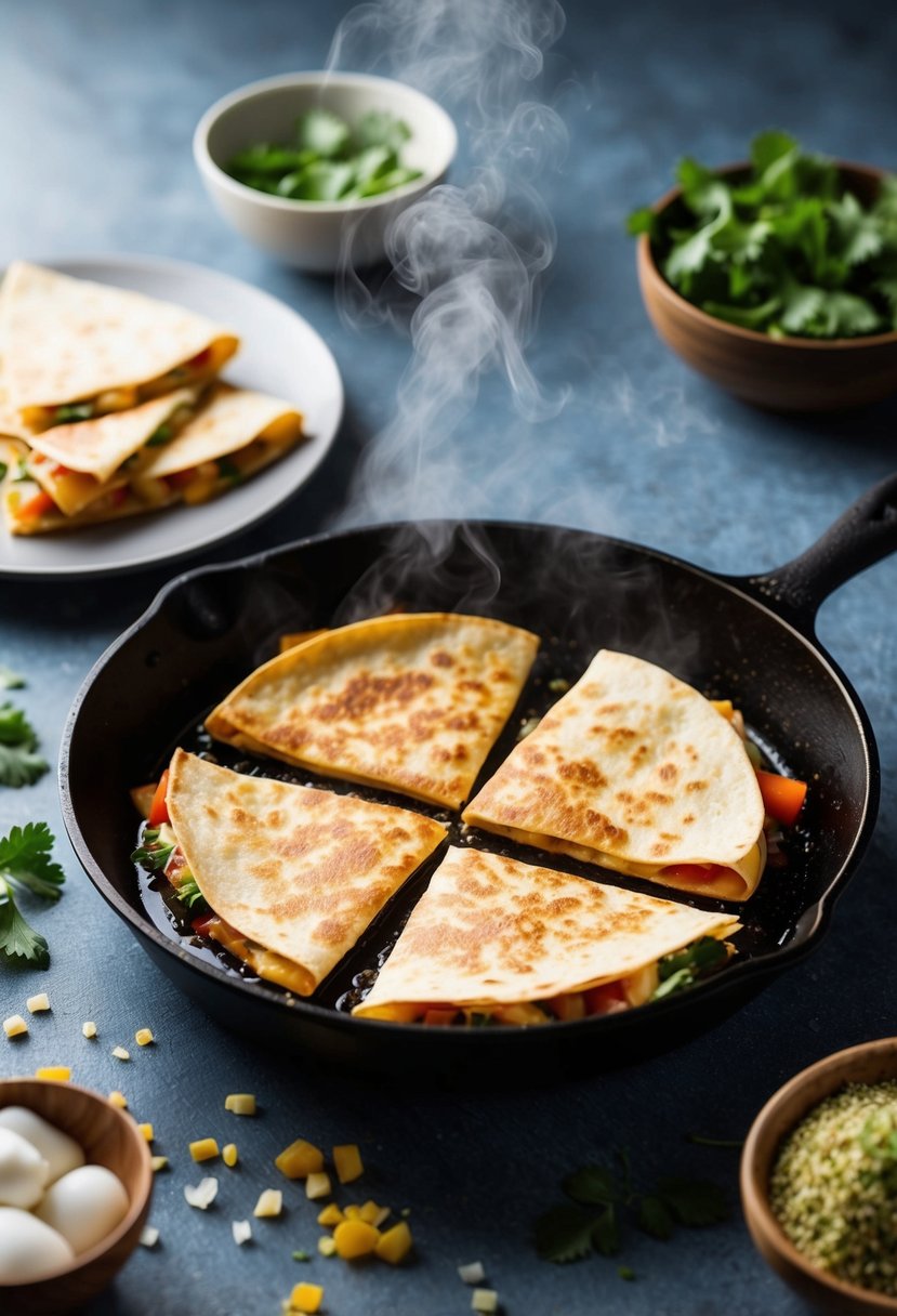 A sizzling skillet with golden-brown quesadillas, steam rising. Ingredients scattered nearby