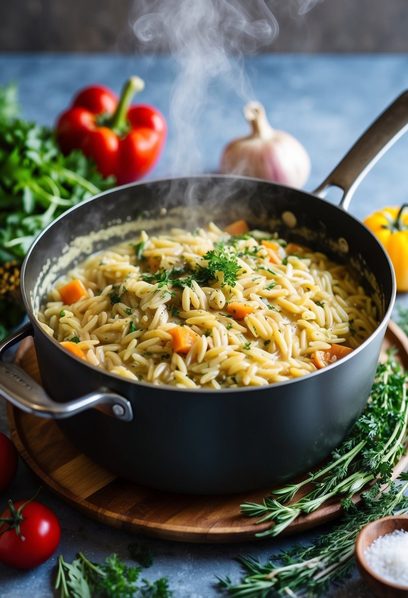 A steaming pot of orzo simmering in a creamy Tuscan sauce, surrounded by fresh herbs and colorful vegetables