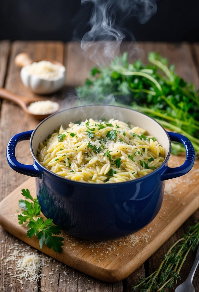 A steaming pot of Parmesan garlic orzo with fresh herbs and a sprinkle of grated cheese on a rustic wooden table