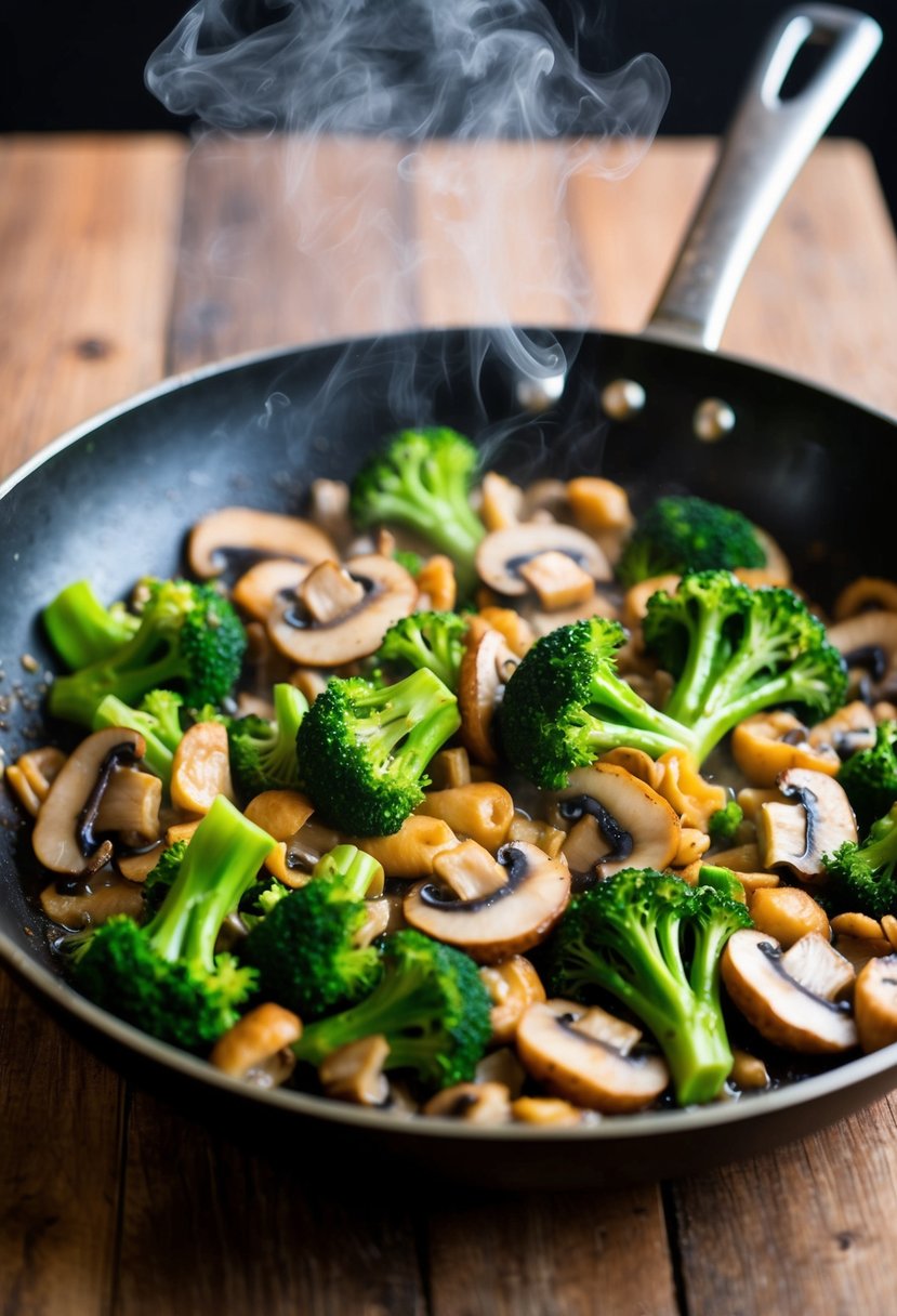 A sizzling skillet of oyster mushrooms and broccoli stir-fry, with vibrant colors and steam rising from the pan