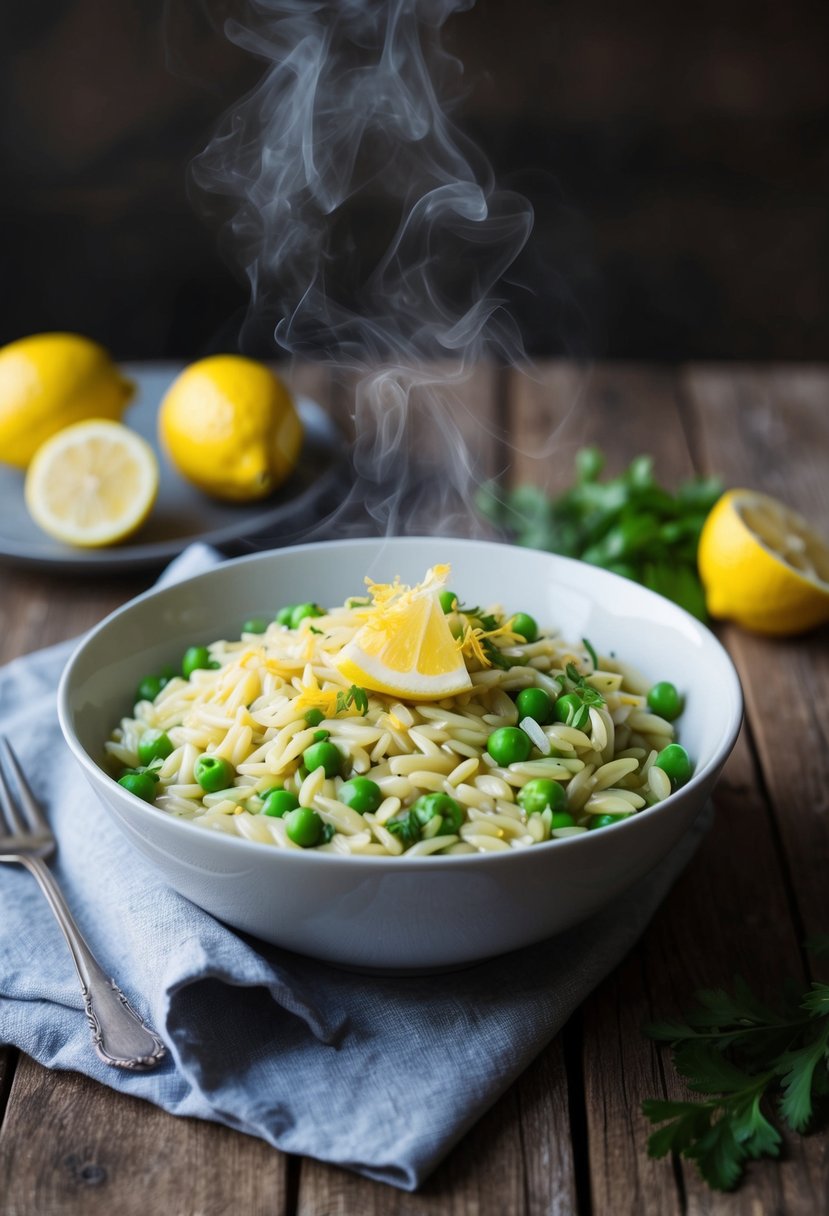 A steaming bowl of lemon orzo with peas, garnished with fresh herbs and lemon zest, sits on a rustic wooden table