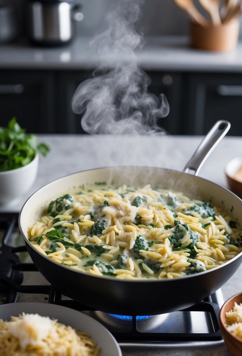 A bubbling pot of orzo cooking in a creamy spinach and parmesan sauce, with steam rising and the aroma of herbs and cheese filling the kitchen