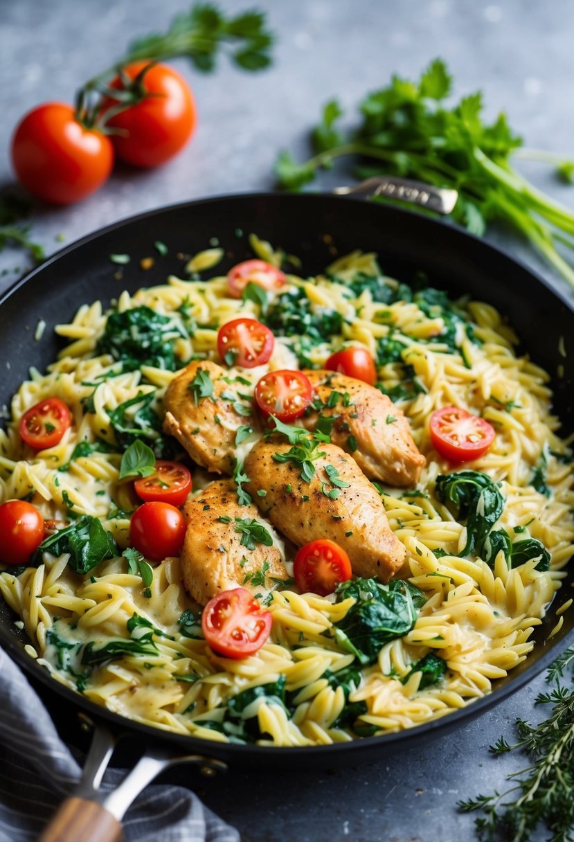 A sizzling skillet of Marry Me Chicken Orzo, with tomatoes, spinach, and creamy sauce, surrounded by fresh herbs and spices