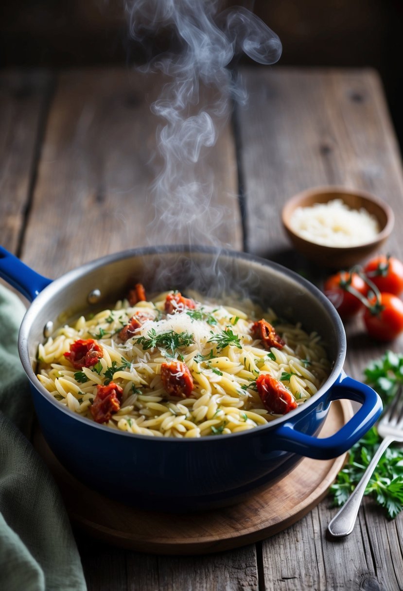 A steaming pot of orzo with sun-dried tomatoes, fresh herbs, and a sprinkle of parmesan cheese on a rustic wooden table