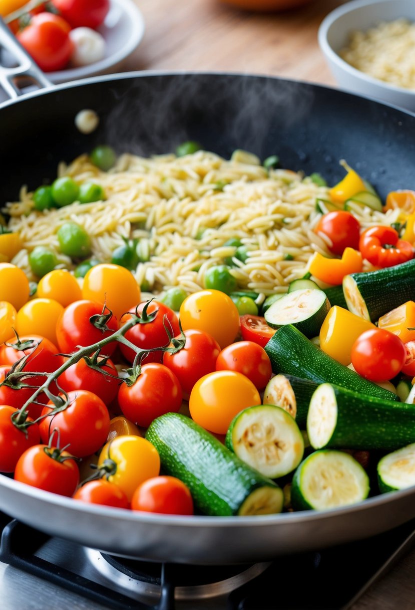 A colorful array of fresh vegetables, including cherry tomatoes, zucchini, and bell peppers, are being sautéed in a large skillet alongside cooked orzo pasta