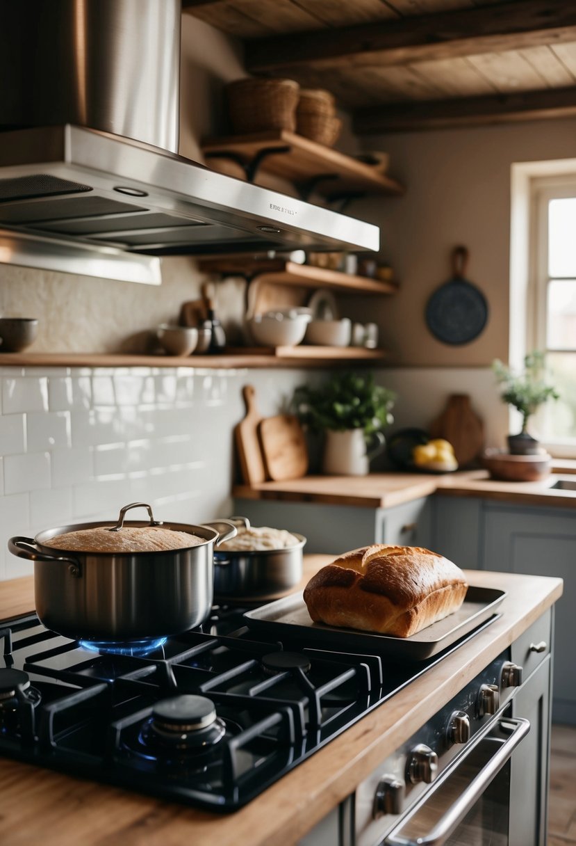 A rustic kitchen with a bubbling pot on the stove, a tray of fresh bread rising, and a golden roast in the oven