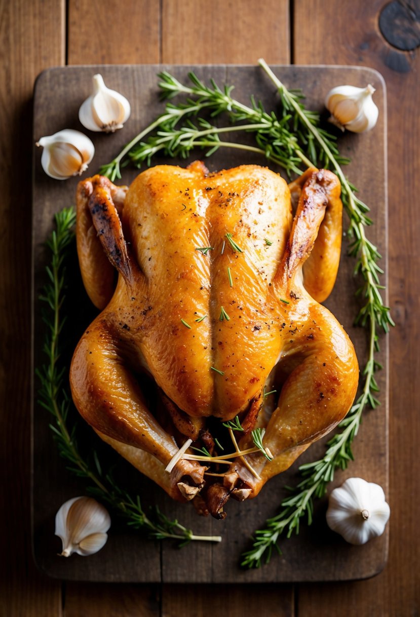 A golden-brown whole chicken, surrounded by cloves of roasted garlic and sprigs of fresh herbs, sits on a rustic wooden cutting board