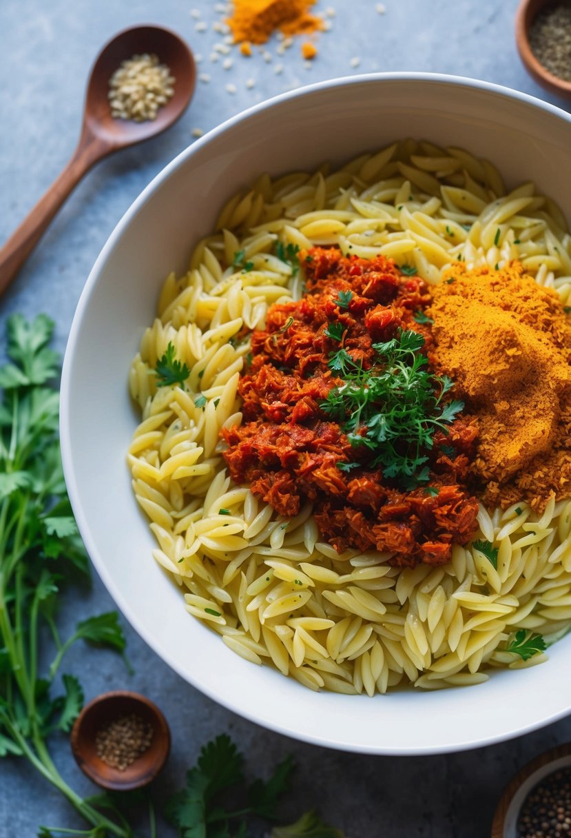 A steaming bowl of orzo with vibrant red harissa and golden turmeric, surrounded by scattered whole spices and fresh herbs