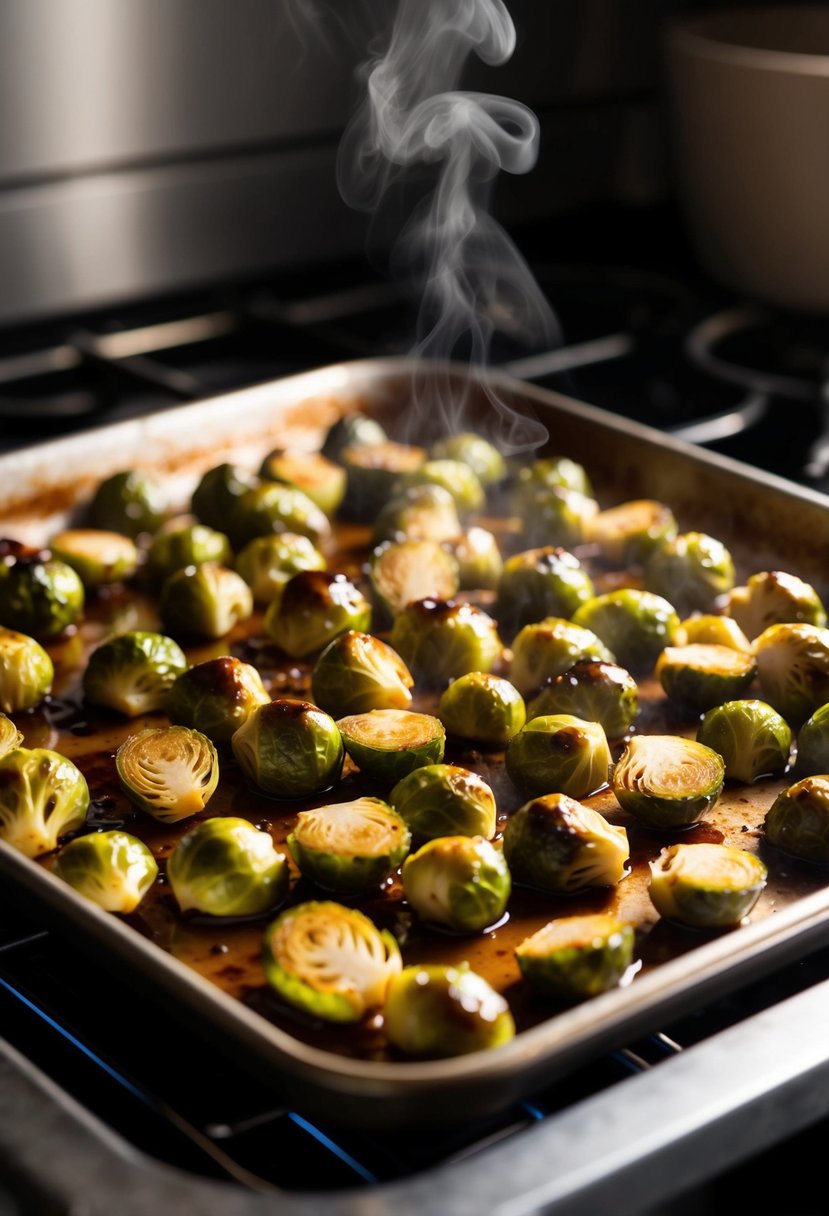 Brussels sprouts roasting in the oven, coated in a glistening balsamic glaze, steam rising as they cook