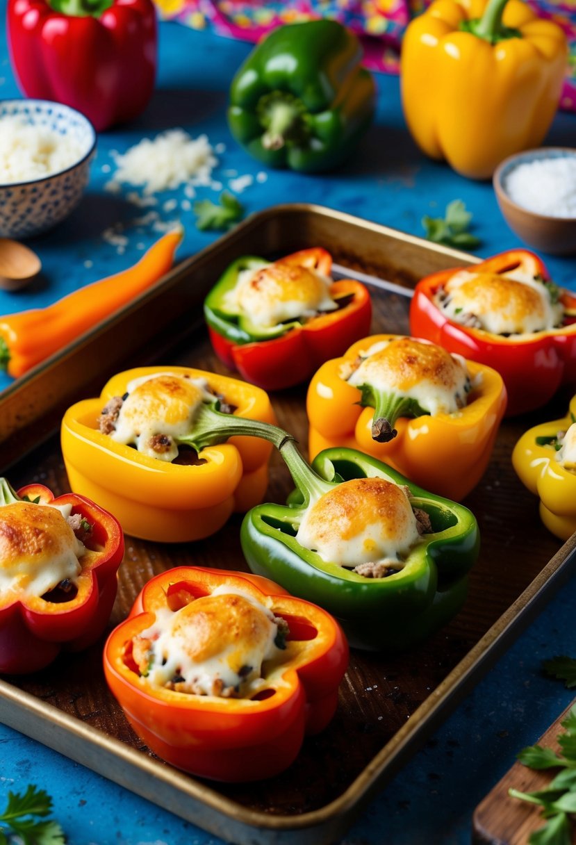 A baking tray filled with colorful bell peppers, sliced and stuffed with cheesy filling, surrounded by scattered ingredients and a vibrant kitchen backdrop