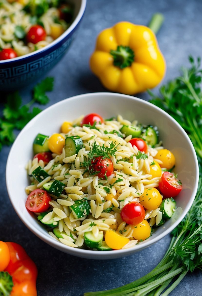 A colorful bowl of Greek Orzo Salad surrounded by fresh vegetables and herbs