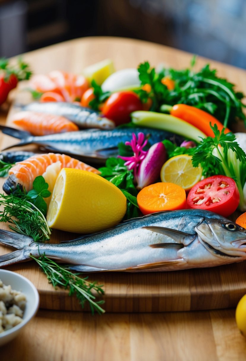 A colorful array of fresh seafood, vibrant vegetables, and aromatic herbs arranged on a wooden cutting board