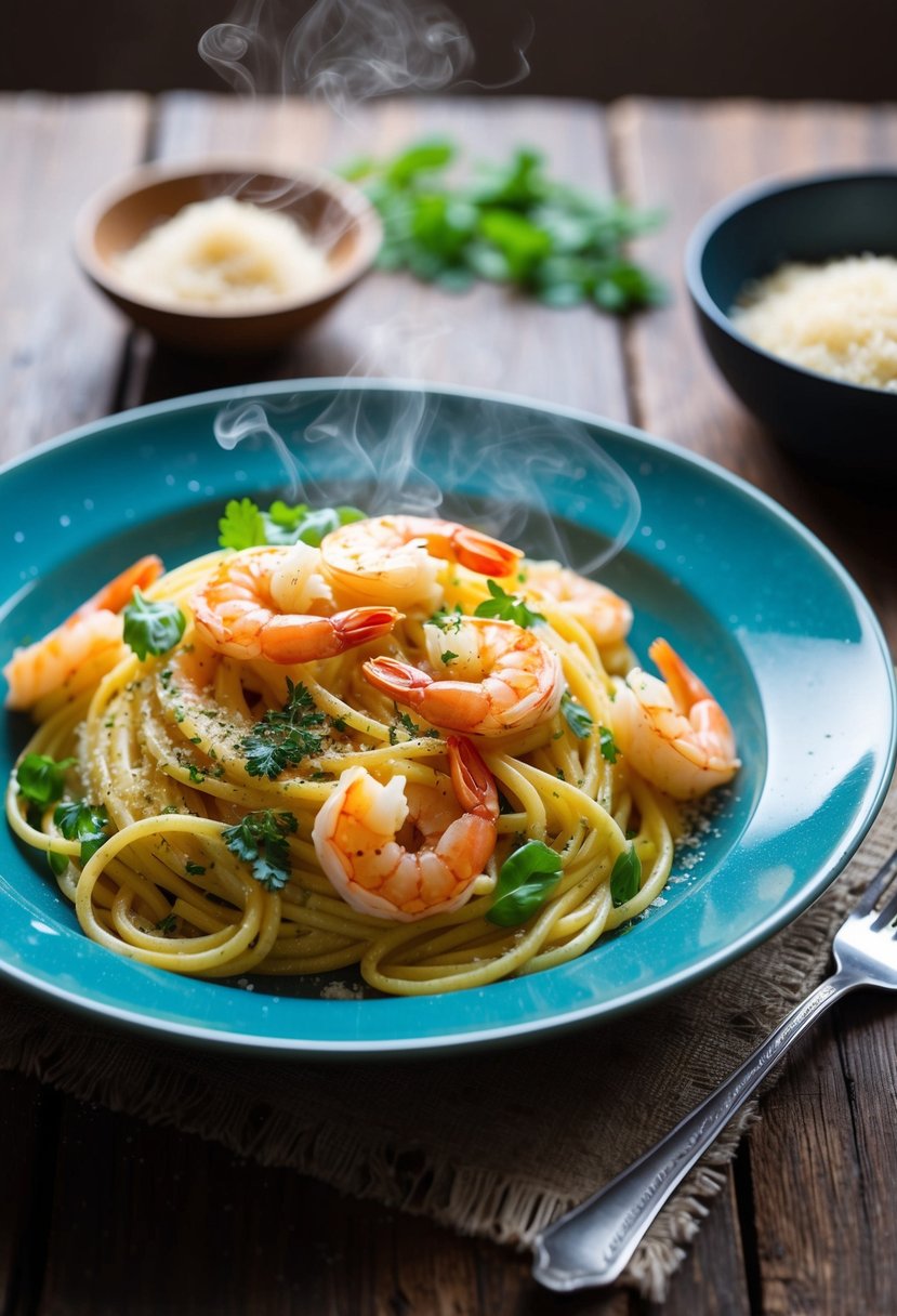 A steaming plate of garlic prawn pasta, with vibrant green herbs and a sprinkle of parmesan, sits on a rustic wooden table