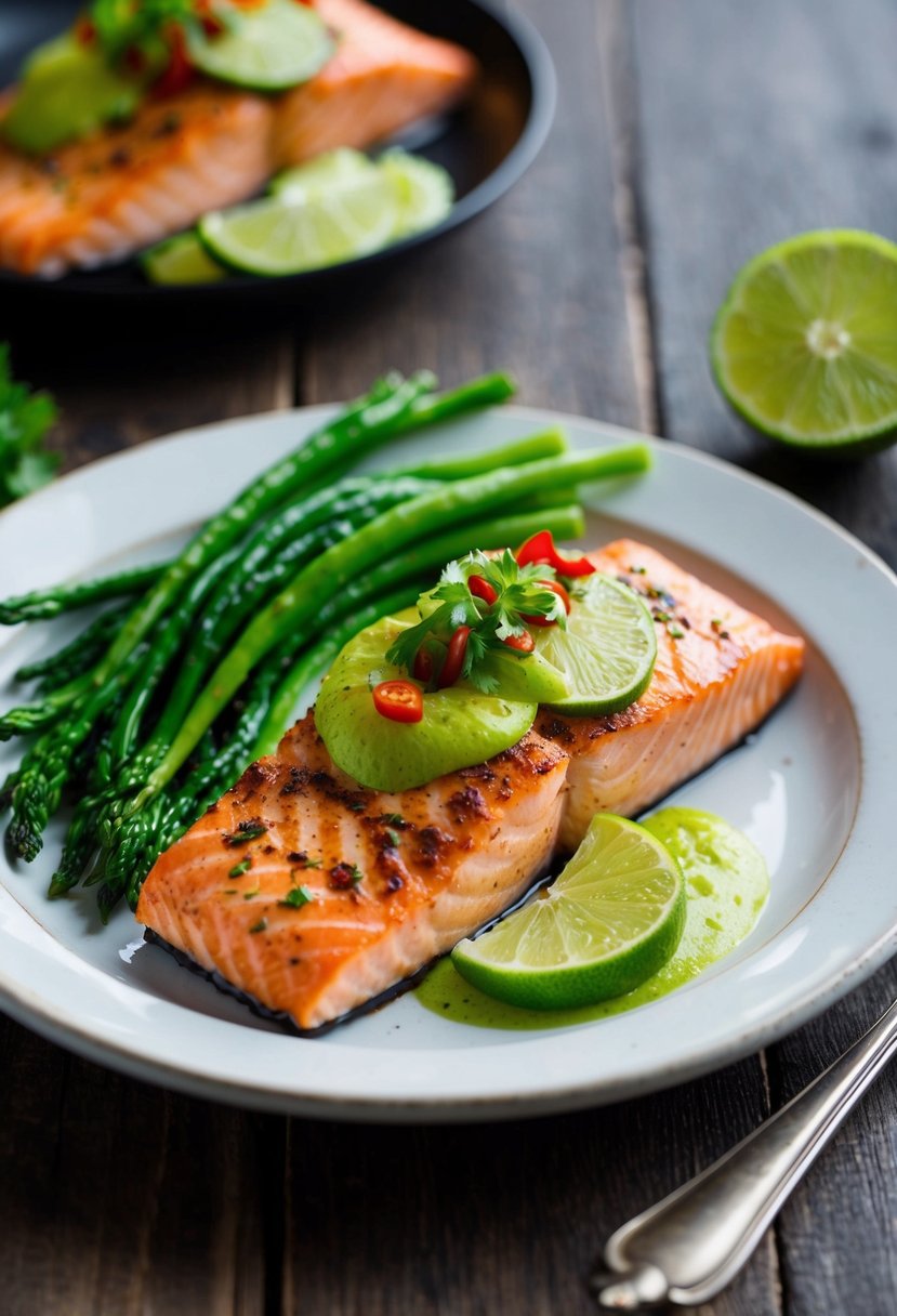 A plate of grilled salmon topped with a zesty chilli lime sauce, accompanied by a side of vibrant green vegetables