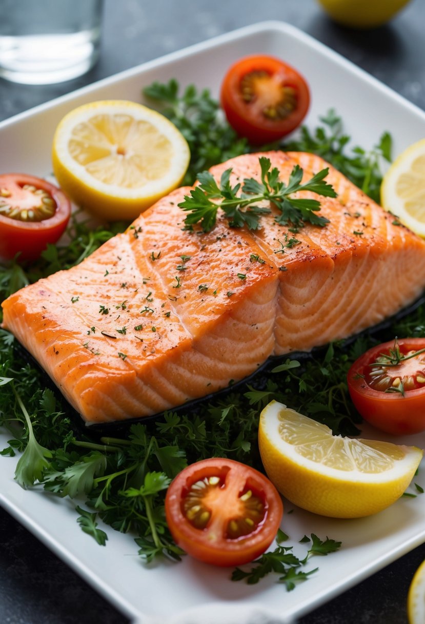 A golden-brown salmon fillet sits on a bed of fresh herbs, surrounded by lemon slices and cherry tomatoes, on a sleek white serving platter