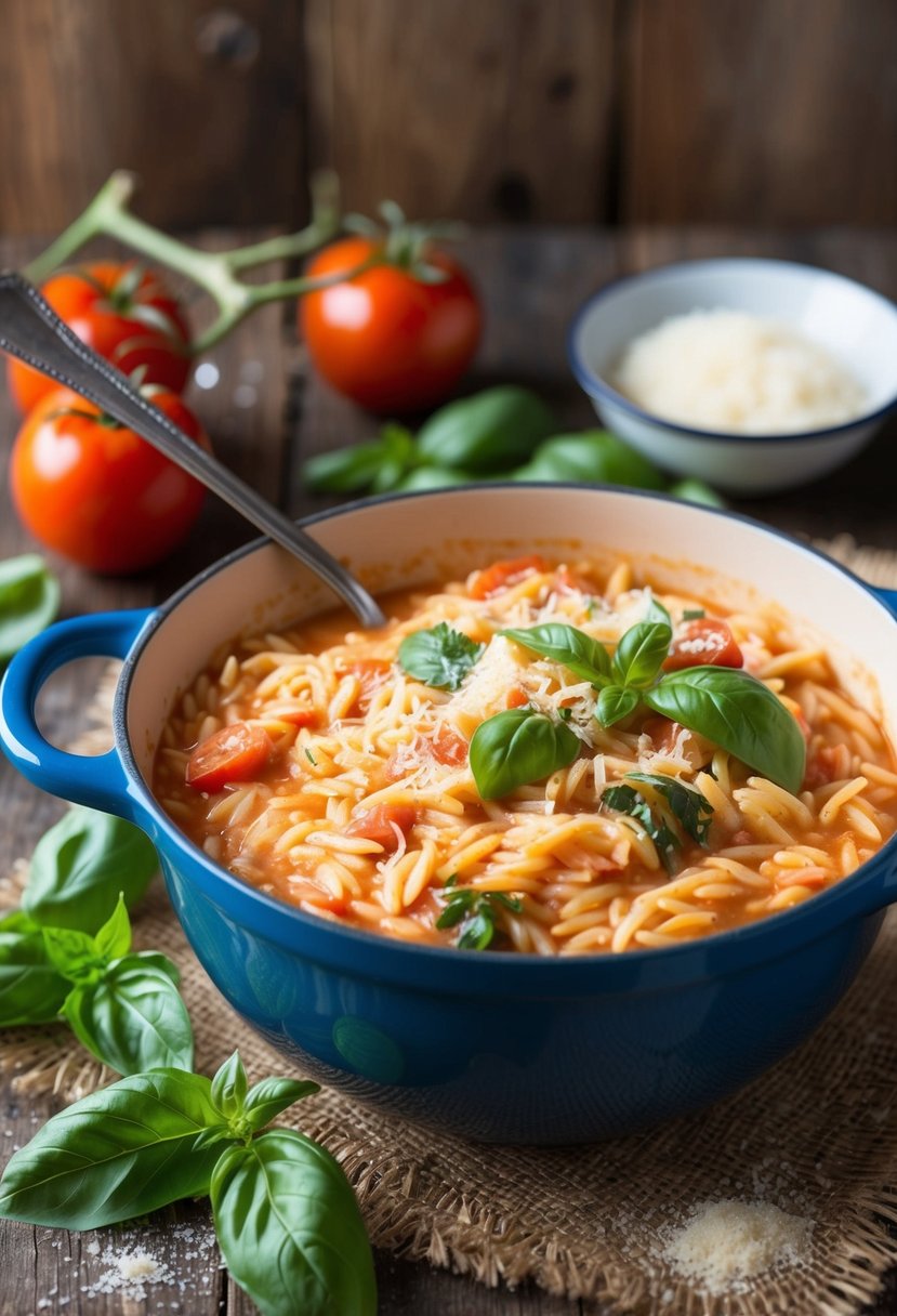 A simmering pot of creamy tomato orzo with fresh basil and grated parmesan on a rustic wooden table