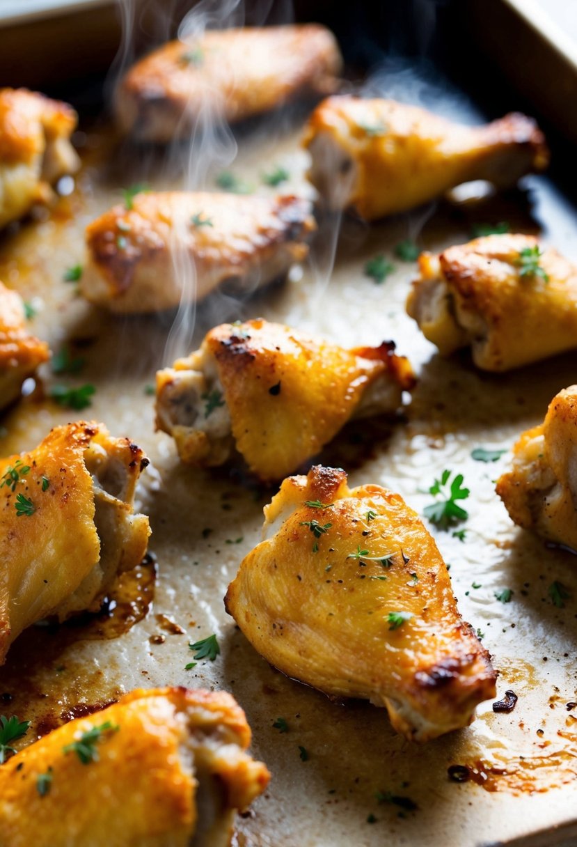 Golden brown chicken wings on a baking sheet, fresh from the oven. Steam rises from the crispy skin, and a sprinkle of herbs adds color