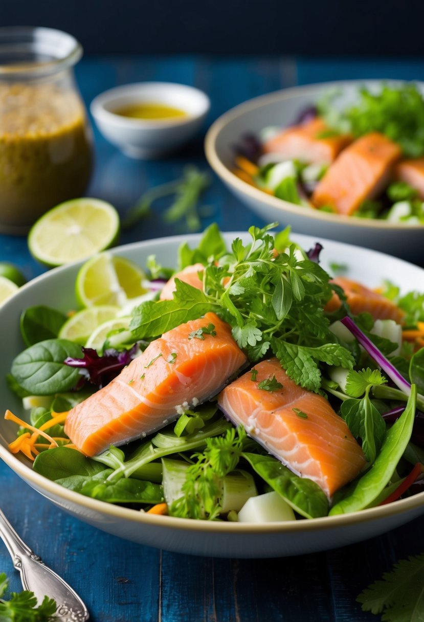 A colorful Thai-style salad with smoked trout, mixed greens, herbs, and a tangy dressing