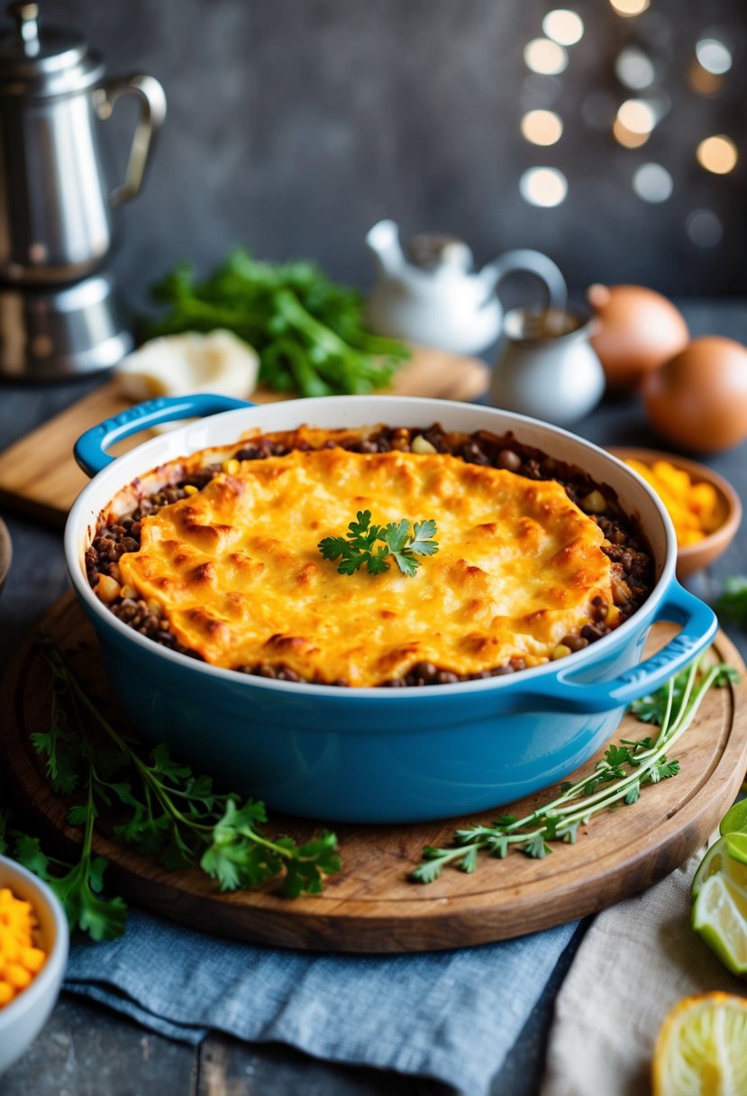 A bubbling casserole dish of Shepherd's Pie surrounded by fresh ingredients and a rustic kitchen setting