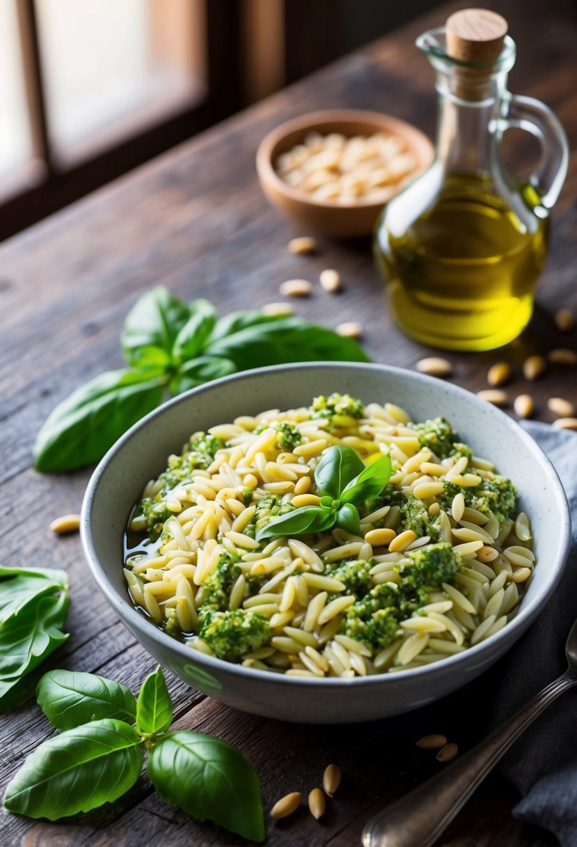 A rustic kitchen table with a bowl of orzo pesto delight surrounded by fresh basil, pine nuts, and a drizzle of olive oil