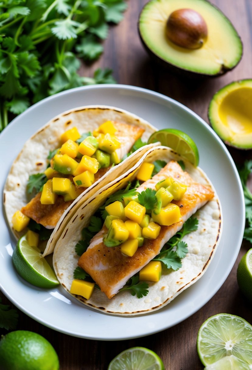 A plate of fish tacos topped with vibrant mango salsa, surrounded by colorful ingredients like avocado, cilantro, and lime