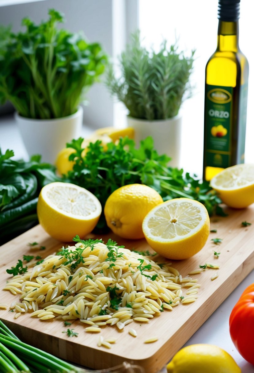 A bright kitchen scene with fresh herbs, lemons, and orzo pasta on a wooden cutting board, surrounded by colorful vegetables and a bottle of olive oil