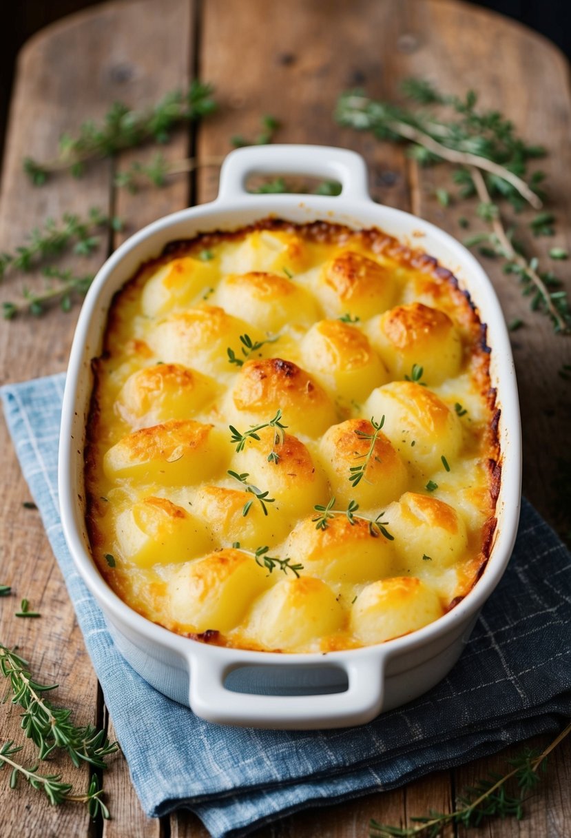 A bubbling, golden-brown potato gratin sits steaming on a rustic wooden table, surrounded by scattered sprigs of fresh thyme and rosemary