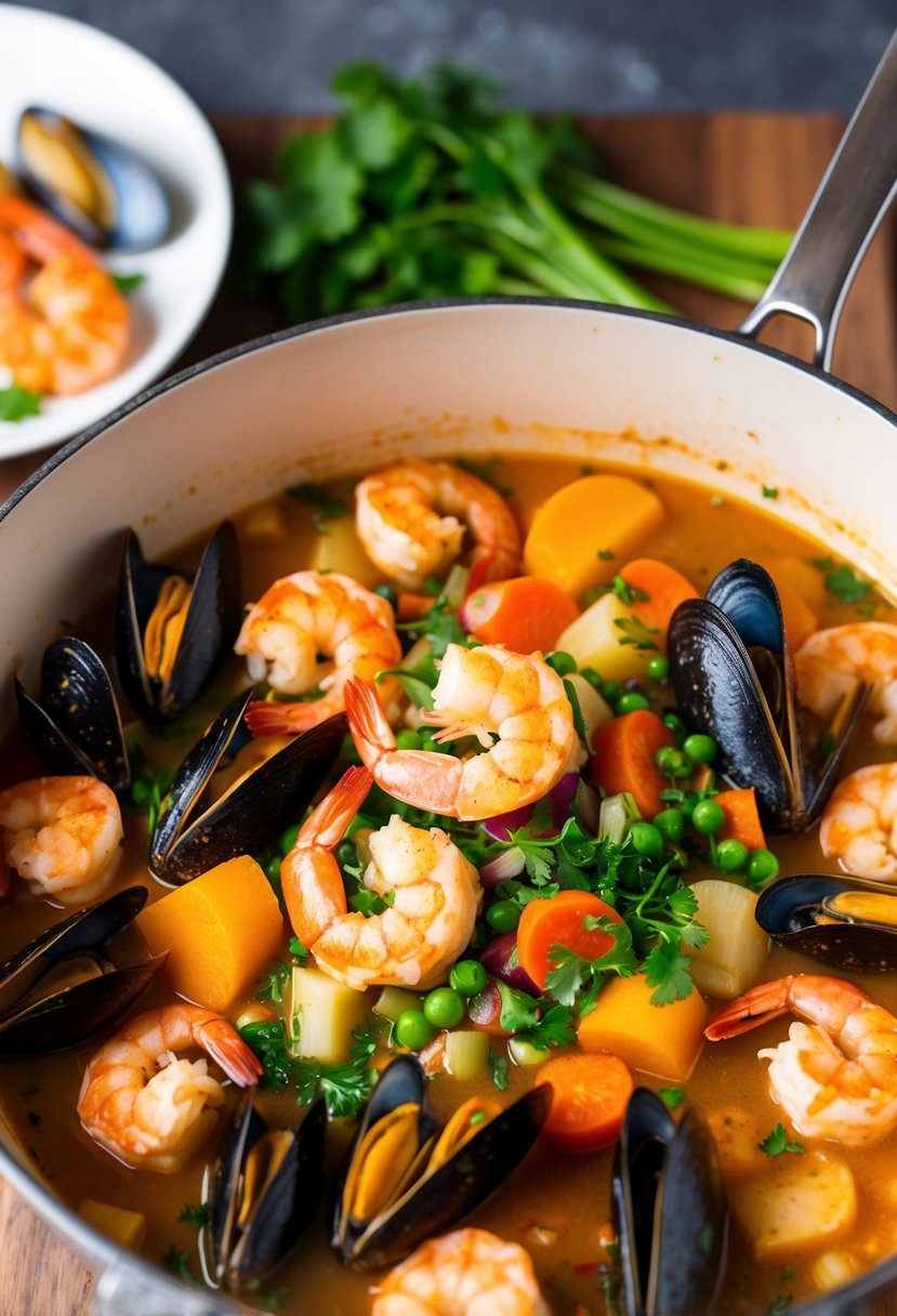 A simmering pot of Cajun Seafood Stew with a colorful array of vegetables and a variety of seafood, including shrimp, mussels, and fish