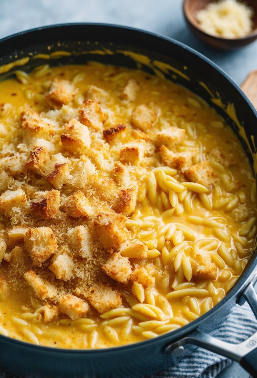 A bubbling pot of orzo simmering in a creamy, cheesy sauce, with golden brown breadcrumbs sprinkled on top