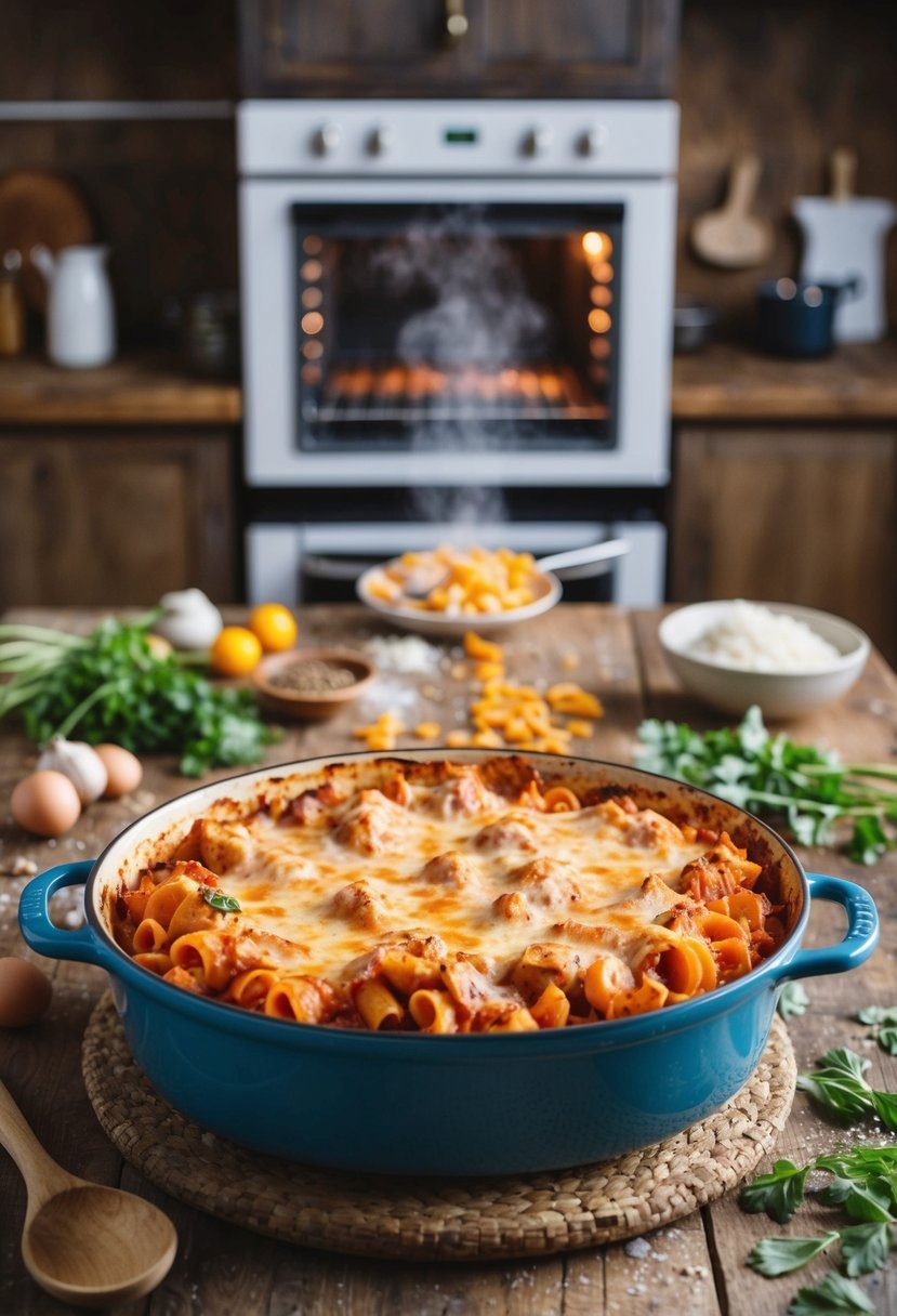 A bubbling dish of baked ziti sits in the center of a rustic kitchen table, surrounded by scattered ingredients and a steaming oven in the background