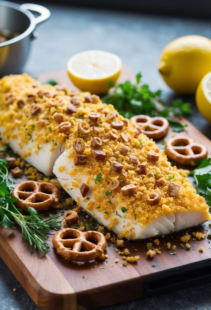 A catfish fillet coated in crushed pretzels, surrounded by fresh herbs and lemon slices on a cutting board