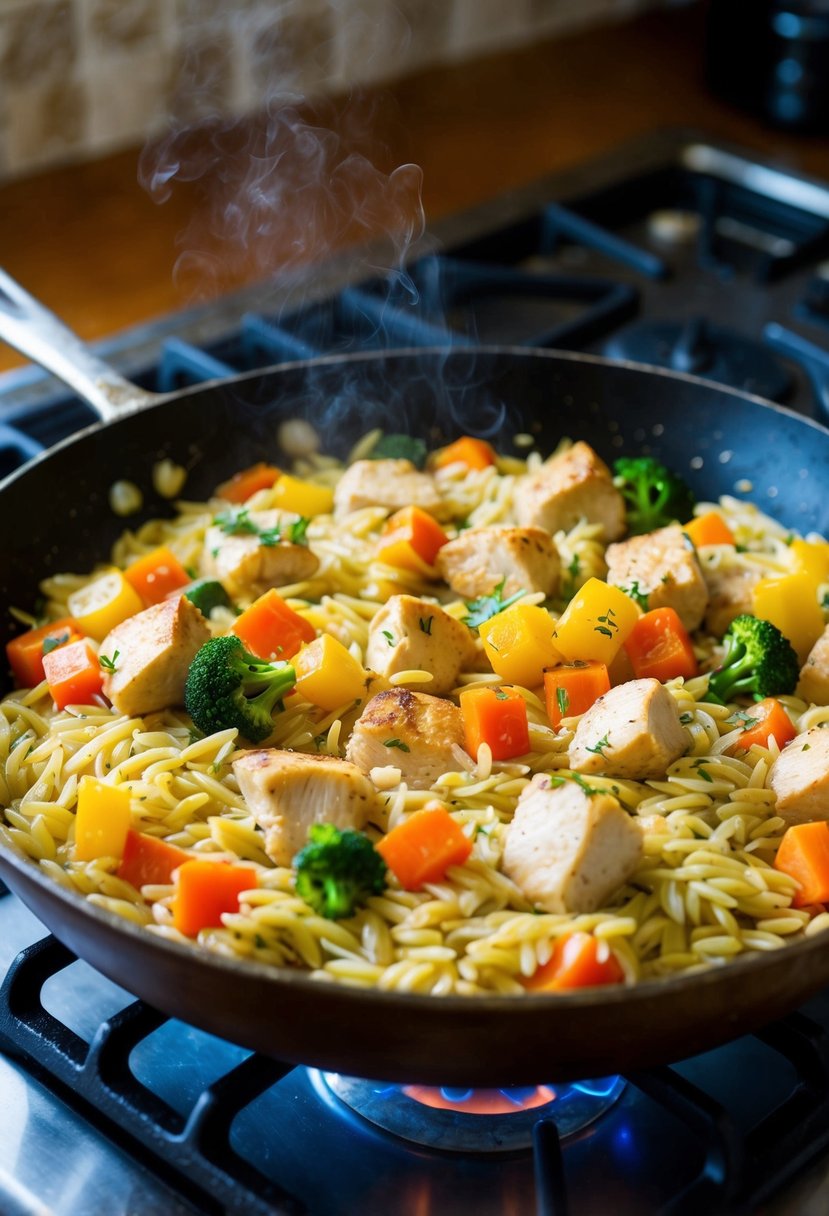 A rustic skillet filled with orzo, chunks of tender chicken, and colorful vegetables sizzling over a stovetop flame