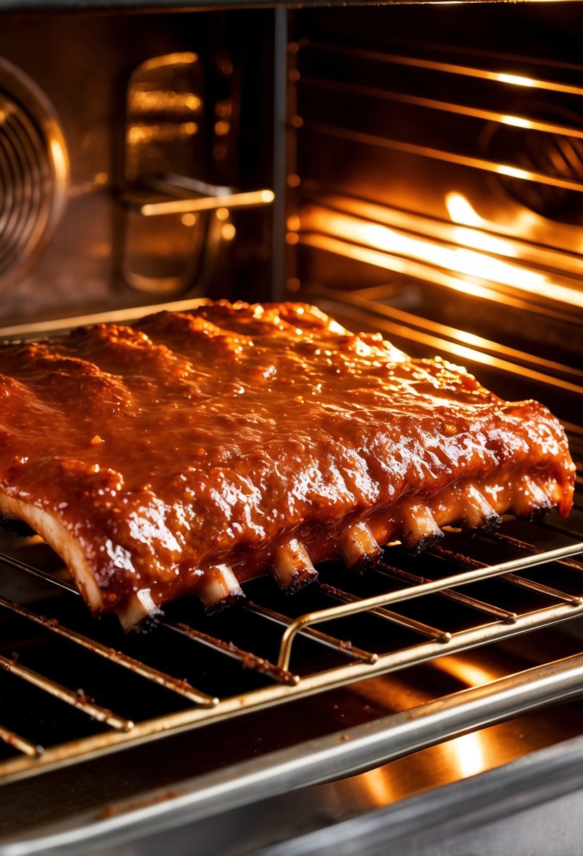 A rack of BBQ ribs sizzling in the oven, coated in a sticky, sweet and spicy sauce, with caramelized edges and a mouthwatering aroma