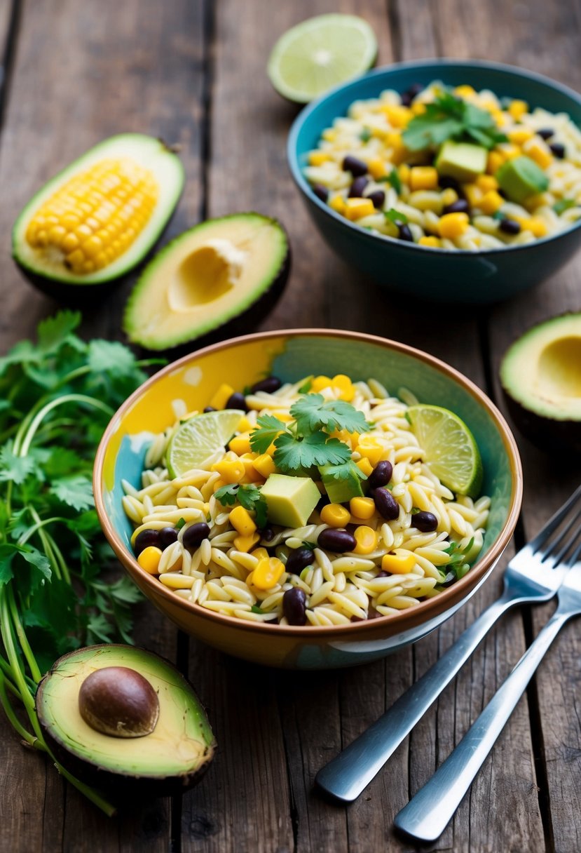 A rustic wooden table set with a colorful Southwestern orzo bowl surrounded by fresh ingredients like corn, black beans, avocado, and cilantro