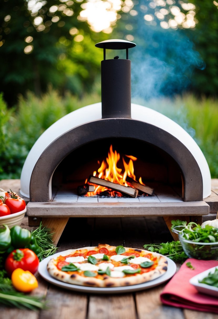 A rustic outdoor pizza oven with a crackling fire, surrounded by fresh ingredients and a homemade pizza ready to be baked