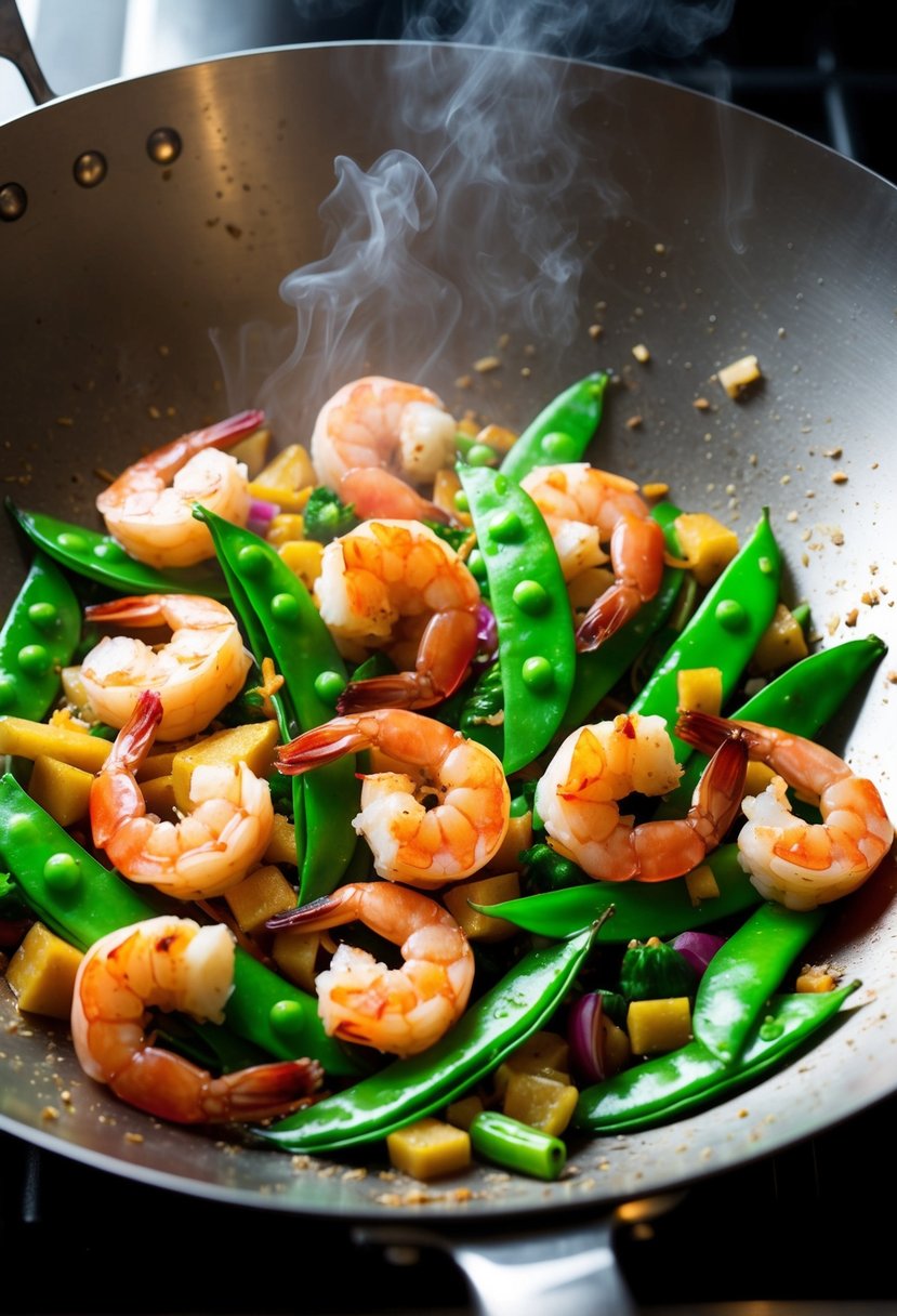 A sizzling wok filled with vibrant shrimp, snow peas, and colorful vegetables, emitting fragrant aromas of garlic and ginger