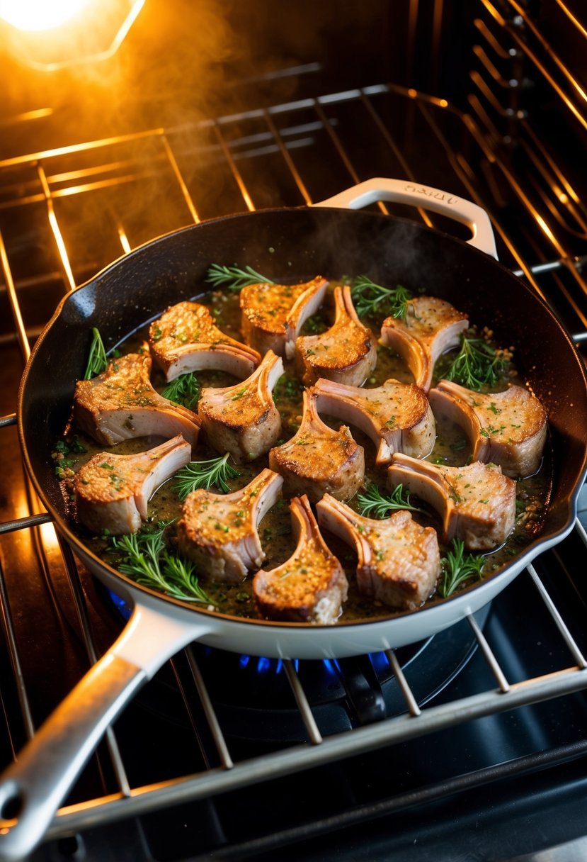 A sizzling skillet of lamb chops, surrounded by fresh herbs and spices, roasting in a hot oven